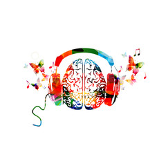 Colorful human brain with headphones isolated vector illustration. Music design. Listening to music