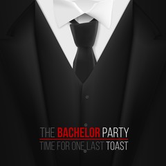 Illustration of The Bachelor Party Invitation Template. Realistic 3D Vector Black Suit with Neck Tie