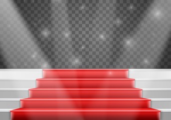 Illustration of Vector Stairs Template. 3D Realistic Vector Winner Stage Stairs with Red Carpet and Bright Light