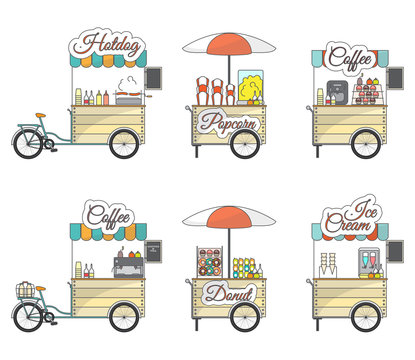 Fototapeta Vector flat tricycle bike and sales stand icons set
