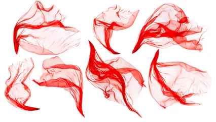 Papier Peint photo Poussière Tissu tissu qui coule sur le vent, voler soufflant de la soie rouge, isolé sur fond blanc