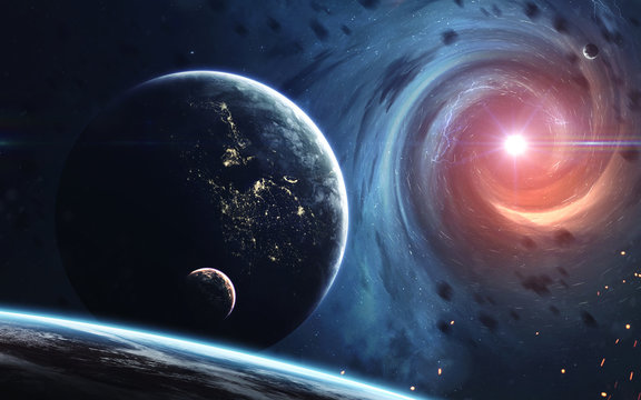 Black hole, science fiction image, dark deep space with giant planets, hot stars, starfields. Incredibly beautiful cosmic landscape . Elements of this image furnished by NASA