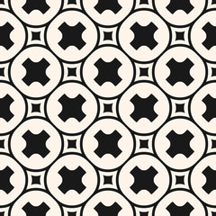 Funky geometric pattern with simple figures, crosses, squares, circular mesh. Abstract vector seamless background. Stylish modern monochrome texture. Design for decoration, prints, fabric, textile
