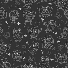 Seamless pattern with contour images of cartoon owls , white outline on a dark background