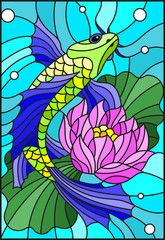 Obrazy na Szkle  Ilustracja w stylu witrażu z jasną rybą i kwiatem lotosu na tle wody i fiolek z powietrzem