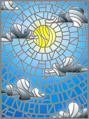 Naklejki  Illustration in stained glass style sun and clouds on blue sky background