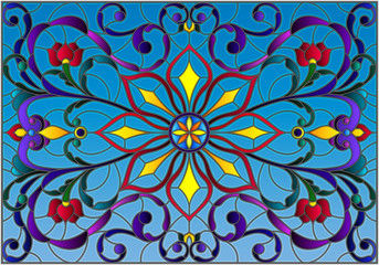 Fototapeta premium Illustration in stained glass style with abstract swirls,flowers and leaves on a blue background,horizontal orientation