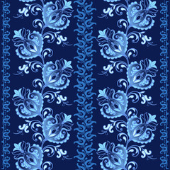 Fototapeta na wymiar Fantastic blue flowers, striped ornament. Floral wallpaper. Decorative ornament for fabric, textile, wrapping paper