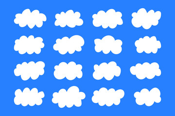 Set of white clouds collection vector icons isolated on blue background
