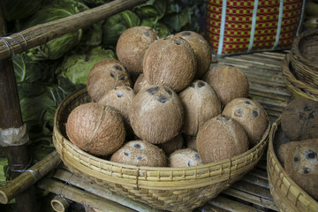 Coconuts on the market, close up view, Myanmar, Asia