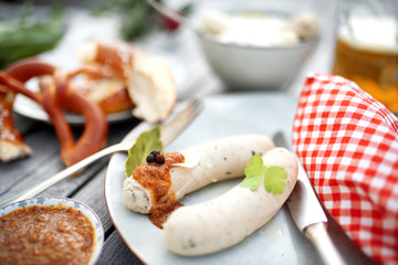 White sausage in a beer garden