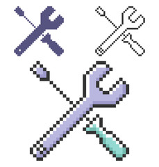 Pixel icon of screwdriver with spanner in three variants. Fully editable
