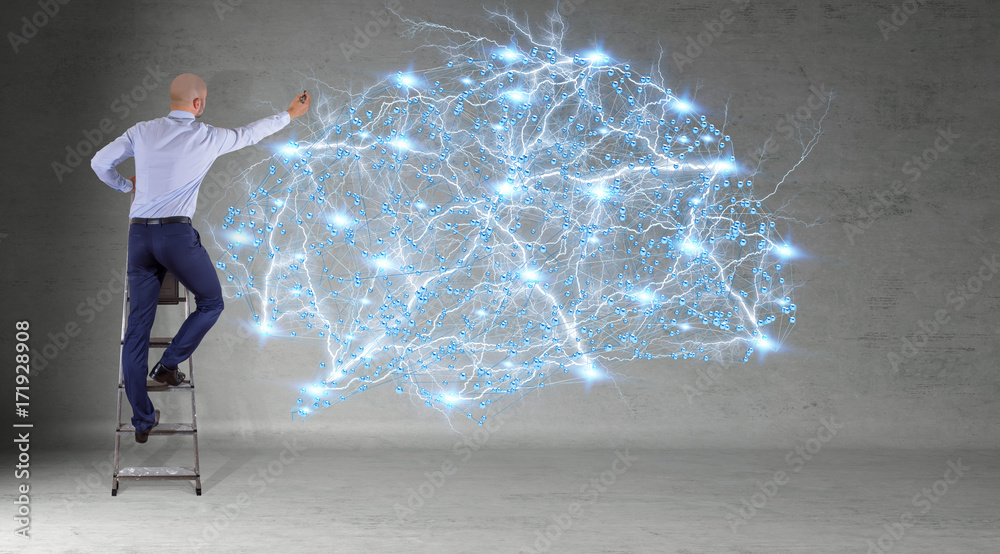 Poster Businessman using digital brain interface on a wall 3D rendering