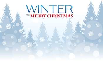 Christmas greeting. Winter landscape with coniferous forest. Vector illustration