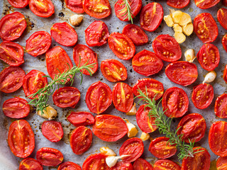 Red heirloom tomatoes baked with olive oil and garlic