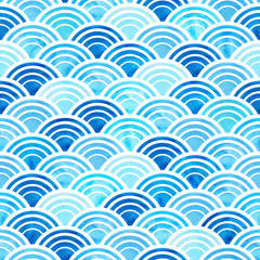 Vector illustration of abstract geometric seamless pattern with blue watercolor circles. Art deco style.
