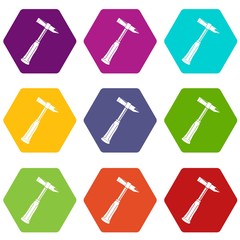 Hammer slag of welder icon set color hexahedron