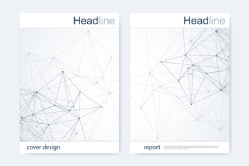 Scientific brochure design template. Vector flyer layout, Molecular structure with connected lines and dots. Scientific pattern atom DNA with elements for magazine, leaflet, cover, poster design.