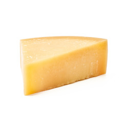 Piece of Parmesan cheese on white background