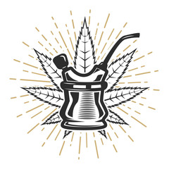 Bong with cannabis leaf on white background.