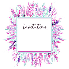 Frame border with simple watercolor pink branches, leaves and lavender, hand painted on a white background