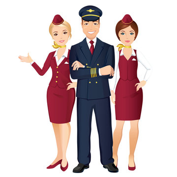 Pilot and Flight attendants of Commercial Airlines on white background. / Flat design, vector cartoon illustration.