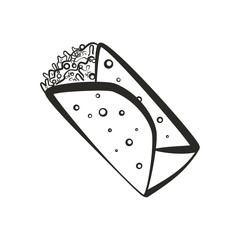 Black isolated vector outline burrito icon. Minimalistic cartoon linear mexican burritos symbol for fast food restaurant or cafe menu, advertisement, banner, web design