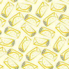Seamless pattern with colorful cartoon outline burritos. Minimalistic flat linear mexican burrito texture for fast food restaurant or cafe menu design, background, wallpaper, cover, wrapping paper