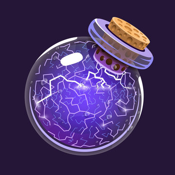 Bottle of Electricity. Game icon of magic elixir. Interface for rpg or match3 game. Energy, lightning, electric. Big variant.
