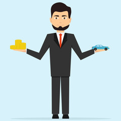 A businessman holds money in one hand in another car. Money in exchange for cars.