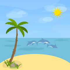Fototapeta na wymiar Sea with dolphins. Dolphins swim in the sea against the sky