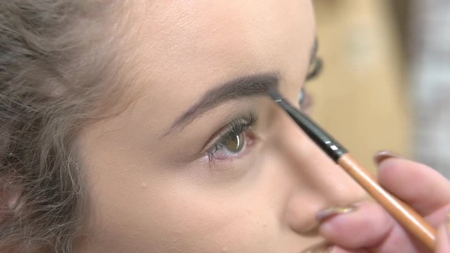 Hand using brow brush, makeup. Face of model close up.