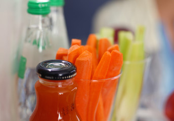 Open refrigerator with fresh fruits and vegetable. Open refrigerator