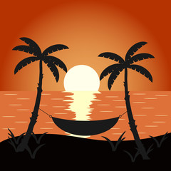 Sunset against the background of the sea and palm trees. A realistic sunset
