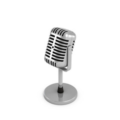 3d rendering of a silver metal retro tabletop microphone with a round base.