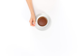 A tea cup and a woman's hand on a white background