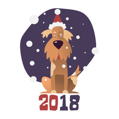 Yellow dog. Symbol of the new year 2018. Cartoon dog in Santa Claus hat.