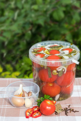 Plastic barrel with salted tomatoes. Products for the recipe. Pepper, onion, garlic, spices. Against the backdrop of a village tablecloth.