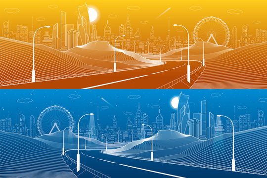 Illuminated highway in mountains. Infrastructure illustration. Modern city at background, tower and skyscrapers, business buildings, ferris wheel. Day and night scene. White lines. Vector design art