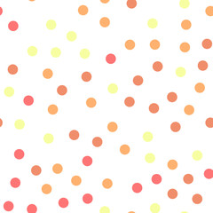 Colorful polka dots seamless pattern on white 21 background. Pleasant classic colorful polka dots textile pattern. Seamless scattered confetti fall chaotic decor. Abstract vector illustration.