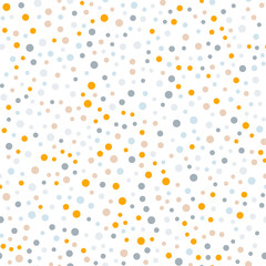 Colorful polka dots seamless pattern on white 7 background. Curious classic colorful polka dots textile pattern. Seamless scattered confetti fall chaotic decor. Abstract vector illustration.
