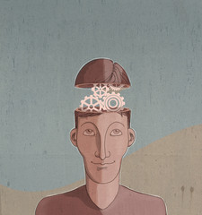 Illustrazione di uomo che ha una idea con cervello a forma di ingranaggio e lapadina sulla testa e fumetto