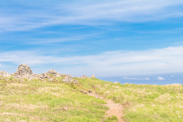 Beautiful  landscape view of green grass and stones in Utsukushigahara park is  one of the most important and popular natural place in Nagano Prefecture , Japan.