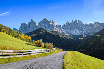 Idyllic italian landscape in autumn, Val di Funes, South Tyrol, Italy