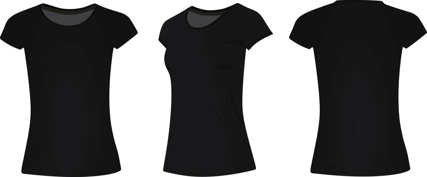 Women Classic Black T Shirt. Vector Illustration. Front, Side And Back View 