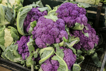 purple cauliflower in a vegetables market