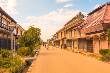 Fototapeta na wymiar Unno-juku is a post town and dozens of old buildings have been beautifully preserved along a more than 250 meter long stretch for the travelers of Hokkoku Road in Tomi-shi