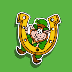 Happy Leprechaun with Horseshoe - Patrick's Day Sticker Vector