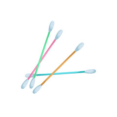 Cartoon trendy flat style cotton swabs icons. Cartoon colorful ear and cosmetic buds. Vector hygiene sticks. Bath and makeup symbols.