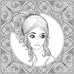A young beautiful girl.  Portrait on a background of a pattern. Outline hand drawing coloring page for adult coloring book. Stock line vector illustration.